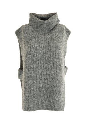 Chaleco de punto gris sin mangas con cuello alto, textura acanalada y sisas ligeramente caídas.