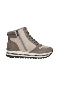 Hoge sneakers van een combinatie van grijs leer en suède. Heeft rits- en vetersluitingen, een textuur van bont aan de kraag en een patroon op de zool.