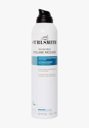 Curlsmith Invincible Volume Mousse in a cylindrical white canister, featuring black text, a pump-top lid, and teal accents. 200ml capacity.
