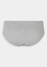 Graue Baumwoll-Hipster-Unterwäsche mit nahtlosem Design und glatter Textur, ausgestattet mit einem hohen Bund und abgerundetem Rücken.