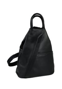 Schwarzer Lederrucksack mit geometrischem Design, ausgestattet mit einer kleinen Vordertasche, zwei oberen Tragegriffen und einem verstellbaren Schulterriemen.