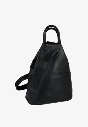 Sac à dos en cuir noir avec un design géométrique, doté d'une petite poche avant, de deux poignées supérieures et d'une bandoulière réglable.