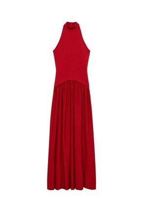 Red sleeveless dress with a high neckline, fitted bodice, and flowing skirt. Made from soft fabric with smooth texture, no visible patterns.