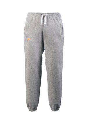 Pantalons de survêtement gris en coton doux, avec une taille élastique et des cordons de serrage, ainsi que des poignets élastiques. Petit logo d'éléphant en orange.