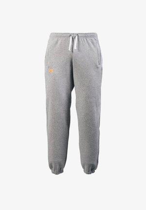 Šedé tepláky vyrobené z jemného bavlněného materiálu, s elastickým pasem se šňůrkami a elastickými manžetami. Malé logo slona v oranžové barvě.