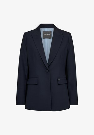 Tumesinine bleiser ühe nupu kinnitusega, sakilised krae, kaks esist pockets ja helesinine vooder. Sile kangas struktureeritud disainiga.