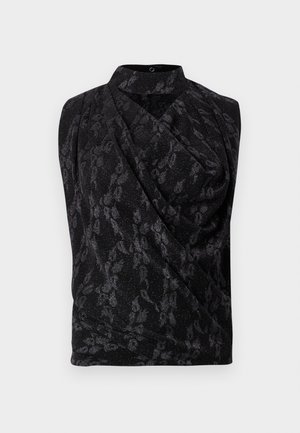 Crni top bez rukava s cvjetnim uzorkom s blagim sjajem, naboranim dizajnom i visokim ovratnikom. Tkanina izgleda mekano s teksturiranim završetkom.
