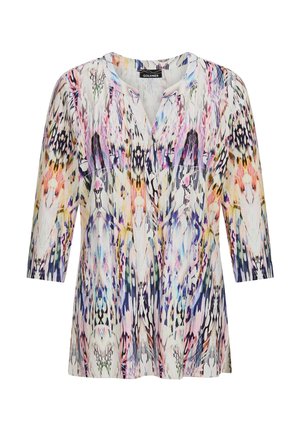 Tuniek met lange mouwen, V-hals, knoopsluiting en meerkleurig abstract veervormig patroon in pasteltinten en donkere tinten.
