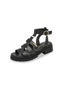 Sandalia de cuero negro con múltiples correas, suela gruesa, un detalle de herraje circular en la correa del tobillo y una plantilla texturizada.