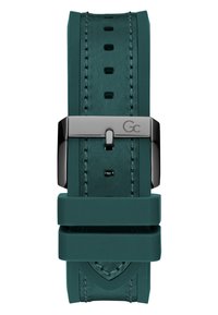Correa de reloj de goma color teal con hebilla de metal negro, cuenta con una superficie texturizada, agujeros ajustables y dos sujetadores gruesos para un ajuste seguro.