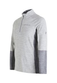 Pullover a maniche lunghe grigio chiaro con colletto a zip a un quarto, dettagli grigio scuro sulle maniche, texture liscia e logo sul petto.