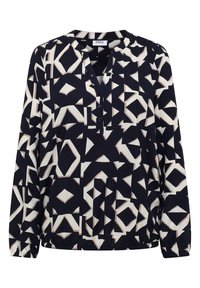 Marineblauwe blouse met een geometrisch crème patroon. Voorzien van een V-hals, knopenlijst en elastische zoom. Lange mouwen met geplooide manchetten.
