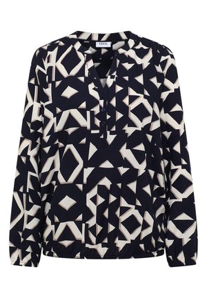 Blusa blu navy con un motivo geometrico crema. Caratterizzata da scollo a V, patta di bottoni e orlo elasticizzato. Maniche lunghe con polsini arricciati.