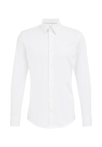 Witte lange mouwen button-up shirt met puntige kraag en knoopmanchetten, weergegeven op een effen witte achtergrond.