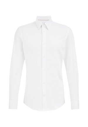 Witte lange mouwen button-up shirt met puntige kraag en knoopmanchetten, weergegeven op een effen witte achtergrond.