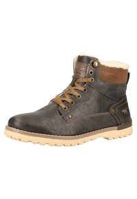Stivale in pelle marrone e nera con fodera in faux fur, suola in gomma beige, dettagli in metallo dorato e design con lacci. Dettaglio del logo laterale presente.