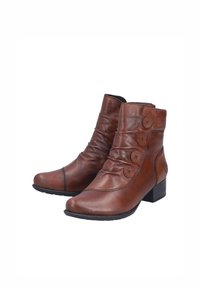 Stivaletti in pelle marrone con dettagli arricciati, tre bottoni decorativi e un tacco basso a blocco. Texture liscia con cuciture rinforzate.