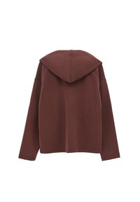 Brązowa bluza z kapturem, z długimi rękawami, wykonana z miękkiego materiału, z luźnym krojem i prostym wzornictwem bez dodatkowych detali.