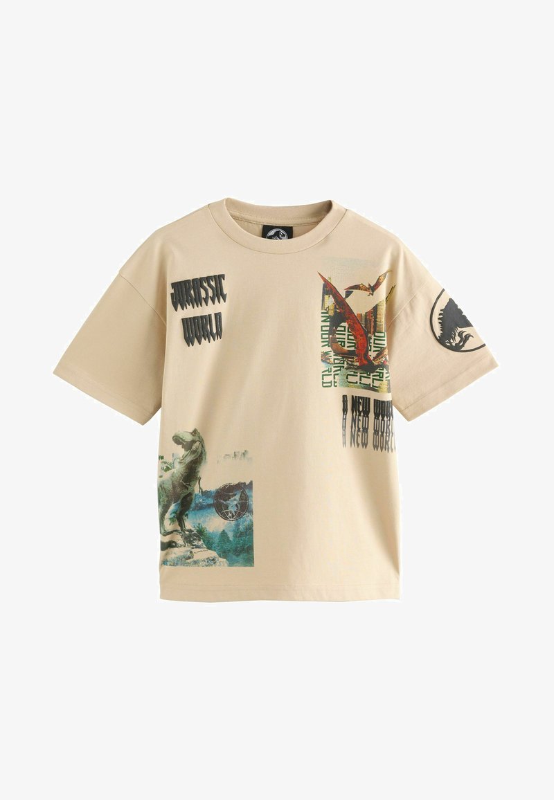Beige Baumwoll-T-Shirt mit Dinosaurier-Grafiken, "Jurassic World"-Schriftzug und rundem Logo. Kurze Ärmel und normale Passform.
