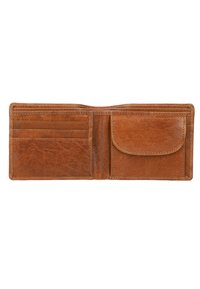 Brown leather wallet with a smooth texture, featuring multiple card slots, a folded design, and a snap button closure on one side.