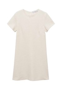 Vestido de manga corta en una tela beige clara con un tejido texturizado, escote redondo y un cierre de ojal en la parte posterior. Diseño minimalista.