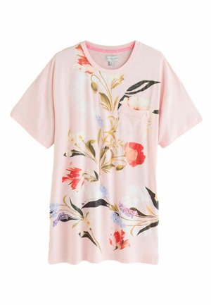 Pinkes Kurzarmhemd mit rundem Ausschnitt, aufgesetzter Tasche und floralem Muster mit roten, violetten und grünen botanischen Elementen.