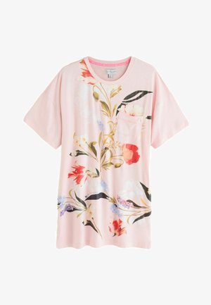 Pink short-sleeve shirt with round neckline, front pocket, and a floral print featuring red, purple, and green botanical elements.