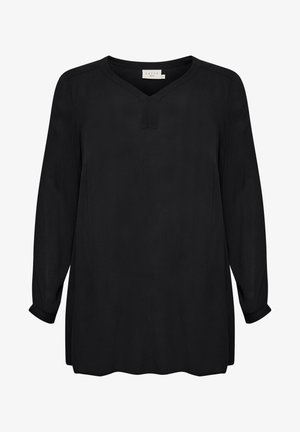 Schwarze Bluse mit langen Ärmeln und V-Ausschnitt, lockere Passform und subtilen Nahtdetails; glatte Textur und abgerundeter Saum. Designerlabel innen sichtbar.