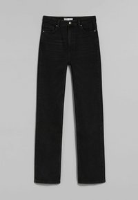 Vaqueros de mezclilla negra con un diseño de pierna recta, cinco bolsillos, cierre de botón metálico y un ligero desgastado en los muslos.