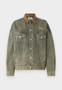 Green denim jacket with a brown corduroy collar, front flap pockets, and silver buttons. Features a textured, worn appearance.
