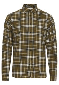 Grøn- og brunternet knap-up skjorte lavet af flannel med lange ærmer, kontrasterende hvide og marineblå tern og en klassisk krave.