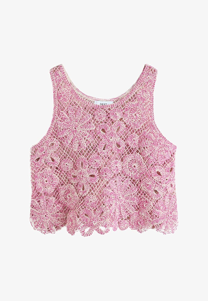 Roze gehaakte mouwloze cropped top met bloemenpatronen en een open mesh-ontwerp, met het label "NEXT" bij de halslijn.