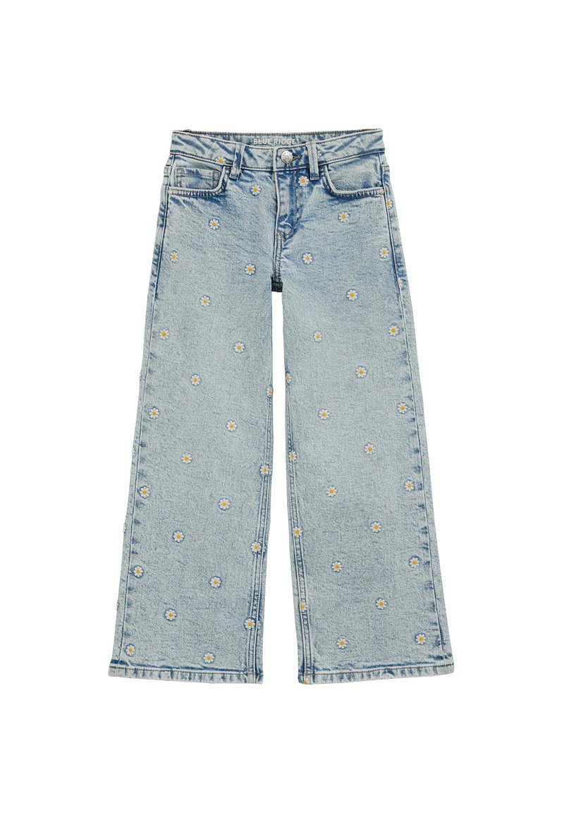 Helehallid laia säärega teksad lillemustriga tikandiga. Omavad klassikalist viie taskuga disaini ja õrna narmendusega ääreosa.