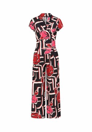 Czarny kombinezon z szerokimi nogawkami, krótkimi rękawami, kopertowym topem oraz wyrazistym czerwonym i różowym kwiatowym i geometrycznym wzorem.