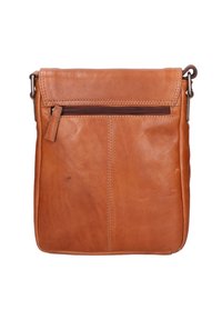 Borsa a tracolla in pelle color marrone chiaro, con una tasca con zip sul retro, forma piatta, cuciture in vista e una texture liscia.