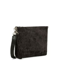 Borsa nera in tessuto con superficie texturizzata, dotata di una chiusura con zip, una tracolla removibile e dettagli in metallo. Forma rettangolare con una finitura morbida.
