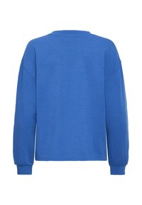 Sweatshirt bleu à manches longues avec un col rond et une coupe décontractée. Tissu doux avec poignets en côte, de couleur unie et design minimaliste.