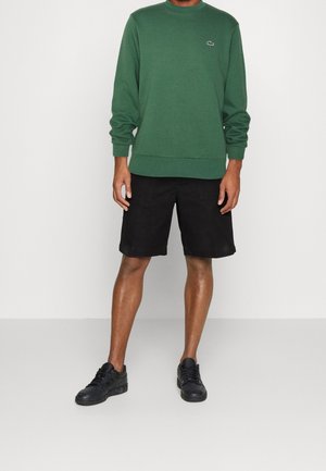 Felpa verde con texture a costine e colletto tondo, abbinata a pantaloni corti neri. Sneakers nere completano l'outfit. Logo Lacoste visibile sul petto.