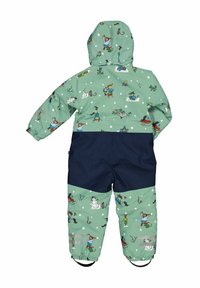 Barnens vinteroverall med huva i grön och marinblå, dekorerad med lekfulla vinterteman och elastiska ärmslut med fotremmar.