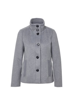 Veste en laine mélangée grise avec un col montant, cinq boutons noirs, poches latérales et accents côtelés sur le col et les poches.