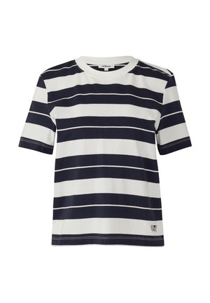 T-shirt rayé en coton, avec des rayures horizontales bleu marine et blanches, à manches courtes et un col rond avec un petit détail de logo.
