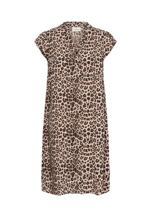 Mouwloze jurk tot op de knie met V-hals en knopen aan de voorkant, uitgevoerd in een roze en bruine luipaardprint.