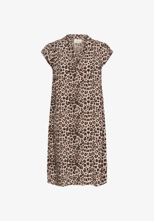 Mouwloze jurk tot op de knie met V-hals en knopen aan de voorkant, uitgevoerd in een roze en bruine luipaardprint.