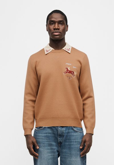 Άνδρας που φοράει καφέ πουλόβερ με κεντημένο κόκκινο άλογο και εκρού γιακά με κόκκινα λουλουδένια σχέδια, συνδυασμένο με μπλε τζιν, που στέκεται μπροστά σε λευκό φόντο.