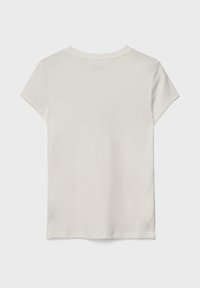 Ein schlichtes weißes T-Shirt mit kurzen Ärmeln, von hinten gezeigt, mit einem runden Ausschnitt vor einem hellgrauen Hintergrund.