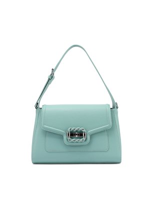 Borsa a tracolla in pelle azzurro chiaro con tracolla regolabile e fibbia in metallo argentato intrecciato sulla patta frontale.