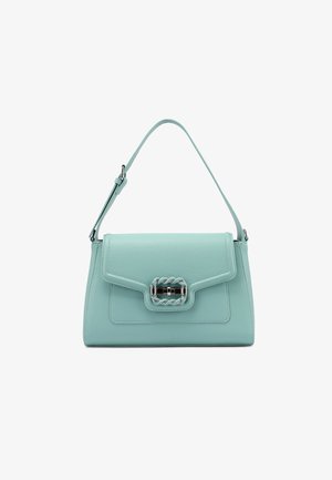 Borsa a tracolla in pelle azzurro chiaro con tracolla regolabile e fibbia in metallo argentato intrecciato sulla patta frontale.