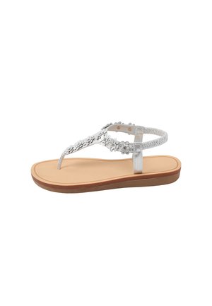 Zilverkleurige sandalen met bloemmotief, t-strap en een lichtbruine, gevoerde zool met elastische achterkant, ontworpen voor casual gebruik.