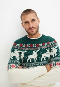 Maglione verde lavorato a maglia con un motivo di renna e fiocchi di neve bianchi, con dettagli rossi e bianchi, maniche lunghe e scollo a carrozza.