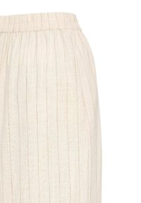 Jupe plissée beige avec fines rayures verticales et taille élastique, présentée sur fond blanc.
